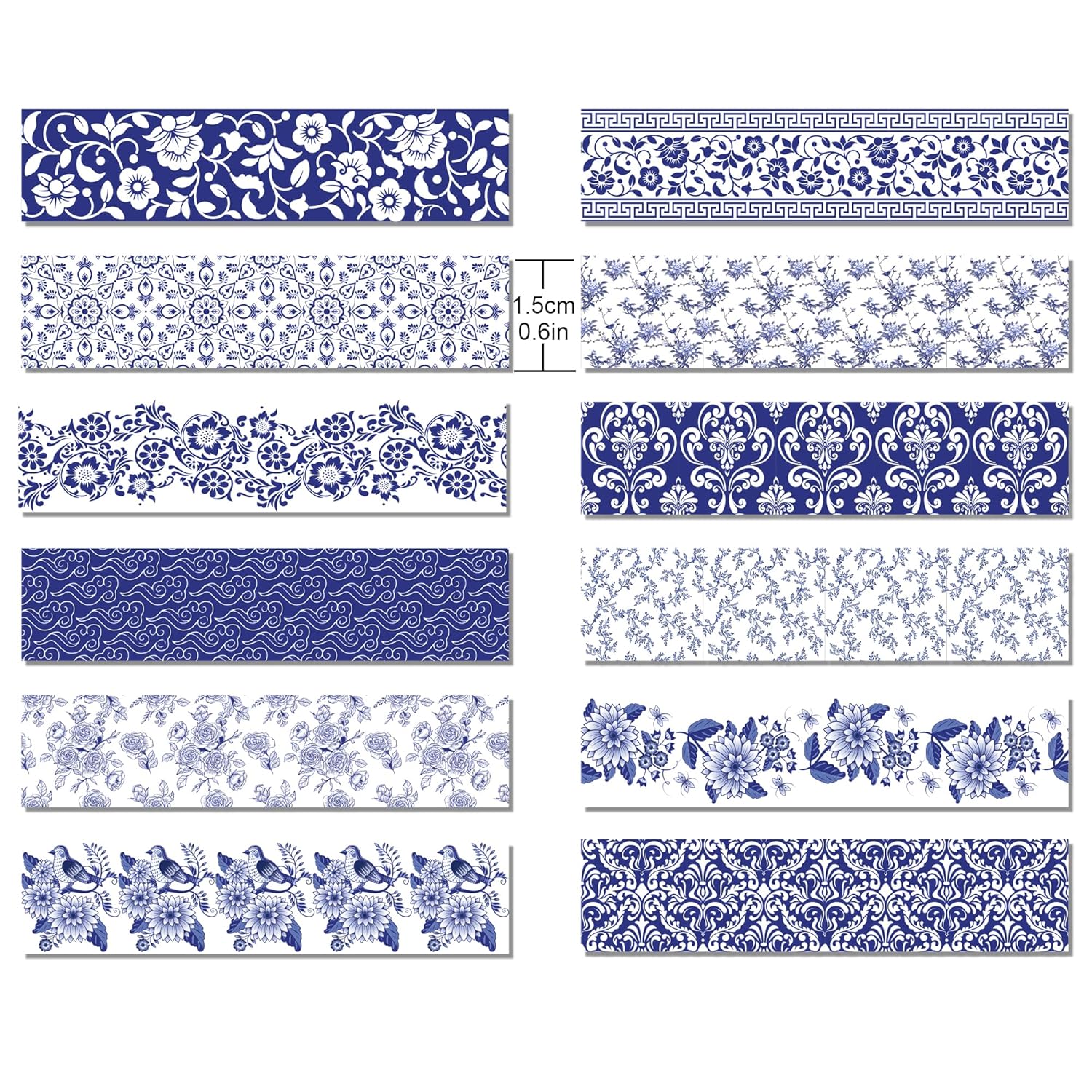 12 Rolls Chinoiserie Washi Tape Set Blue White Patterned Masking Tapes Vintage Floral Decorative Paper Tape for Theme Scrapbook Journal Envelope DIY Craft Gift Wrapping - Image 2