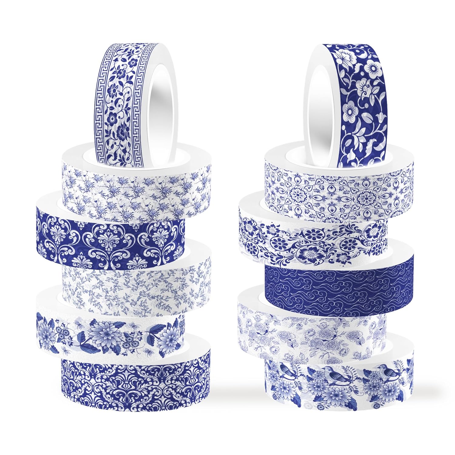 12 Rolls Chinoiserie Washi Tape Set Blue White Patterned Masking Tapes Vintage Floral Decorative Paper Tape for Theme Scrapbook Journal Envelope DIY Craft Gift Wrapping - Image 3