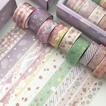 10 Set Rolls Washi Tape Golden Foil Decorative Masking Paper Tape for Scrapbooking, Planners, Card/Gift Wrapping, DIY Decor and Craft Supplies 