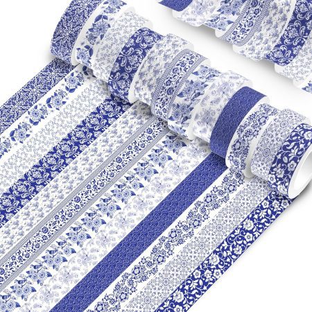 12 Rolls Chinoiserie Washi Tape Set Blue White Patterned Masking Tapes Vintage Floral Decorative Paper Tape for Theme Scrapbook Journal Envelope DIY Craft Gift Wrapping