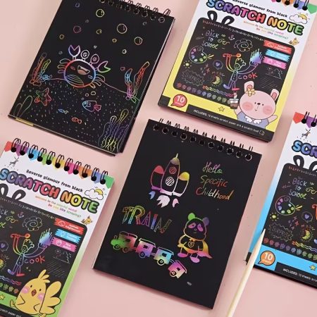 10 Sheets Scratch Pictures for Children, Rainbow Scratch Paper, Scratch Drawing Graffiti, Magic Scratch Book, with 1 x Wooden Pens and 1 x Painting Stencils, for Children's Doodles, DIY Painting