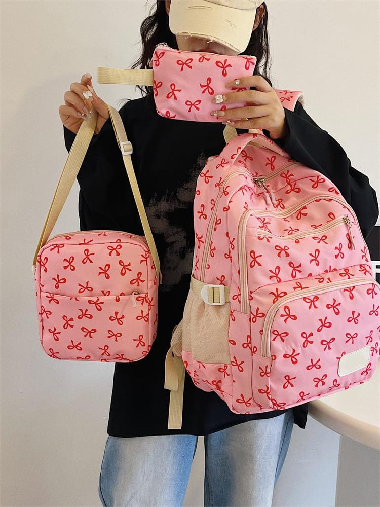 Pink & Red Bow Patter 3 pcs set Backpack for Women - Image 4