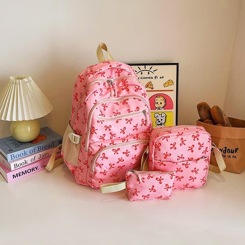 Pink & Red Bow Patter 3 pcs set Backpack for Women - Image 6