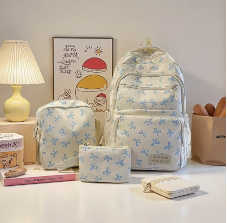 Light blue & white Bow Patter 3 pcs set Backpack for Women